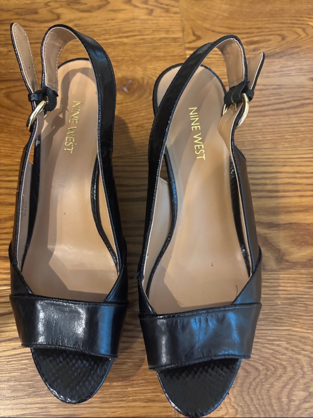 Nine West Black Leather Open-Toe Slingback Wedges